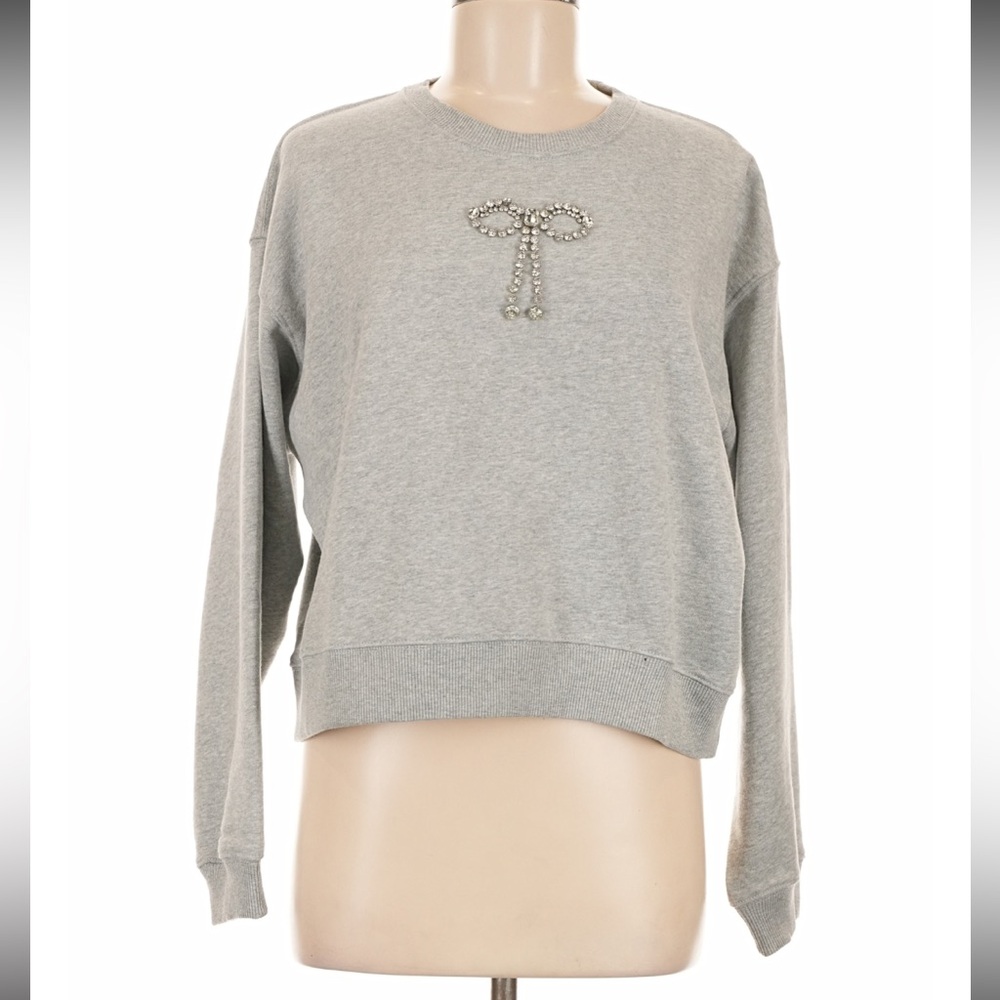 Chic Gray Sweatshirt with Beaded Bow Accent
